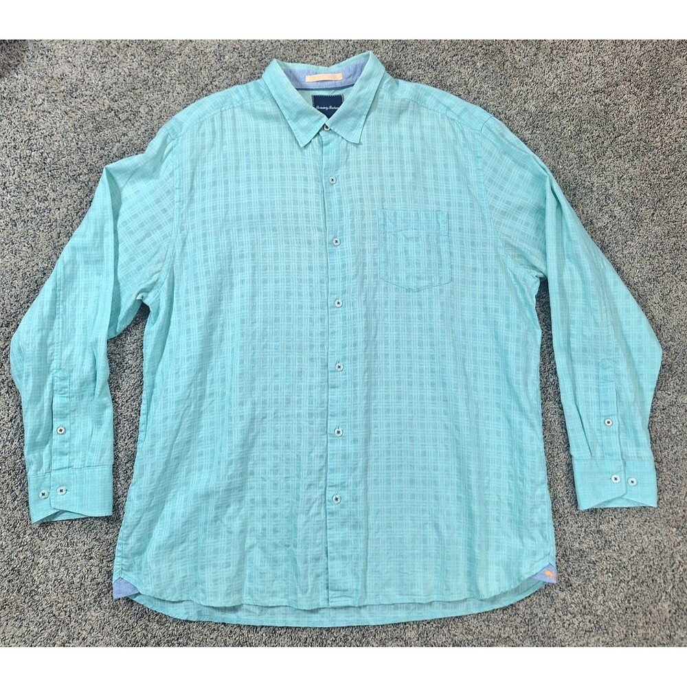 Tommy Bahama Mens XL Linen Cotton Plaid Button Down Shirt‎ Aqua Blue Long Sleeve